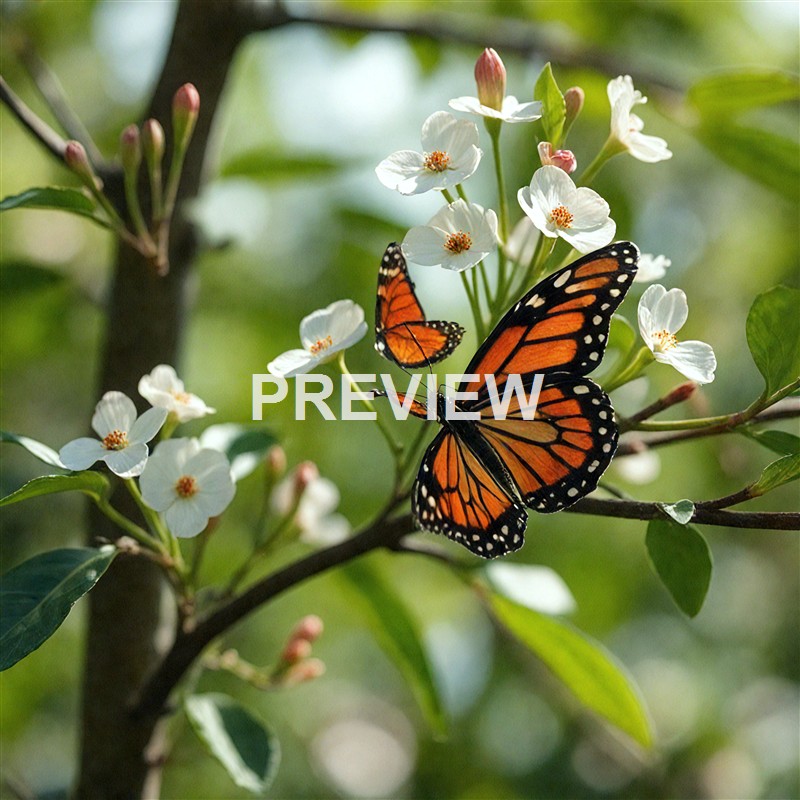 A monarch butterfly and a smaller butterfly are perched on white flowers with green leaves and a blurred background of foliage.